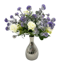 Load image into Gallery viewer, White Rose &amp; Purple Thistle Artificial Flower Arrangement In Pretty Glass Vase Home Decoration