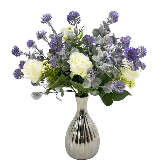 White Rose & Purple Thistle Artificial Flower Arrangement In Pretty Glass Vase Home Decoration