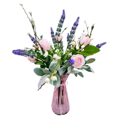 Pink Rose Bud Purple Lavender Artificial Flower Arrangement In Pretty Glass Vase Home Decoration