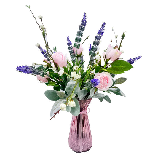 Pink Rose Bud Purple Lavender Artificial Flower Arrangement In Pretty Glass Vase Home Decoration