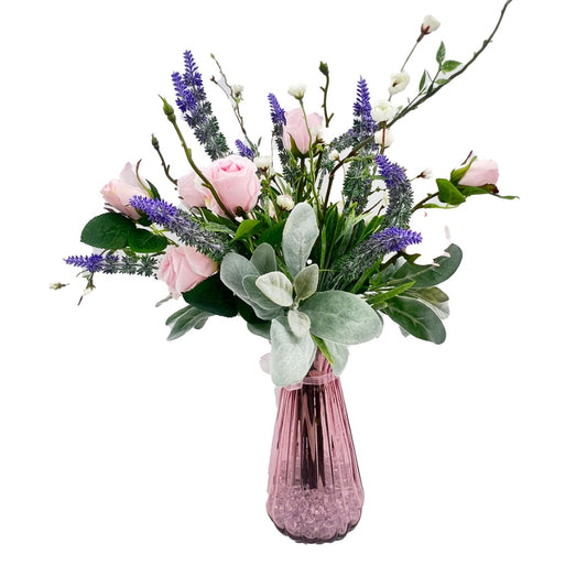 Pink Rose Bud Purple Lavender Artificial Flower Arrangement In Pretty Glass Vase Home Decoration