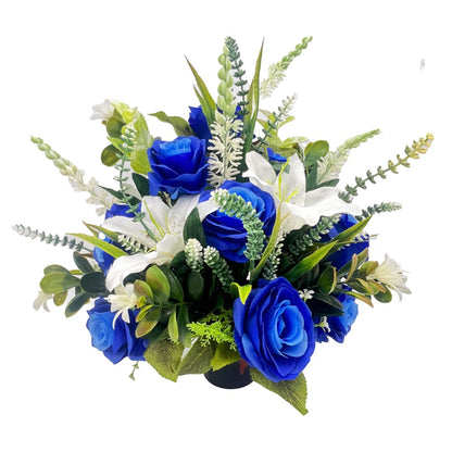 Polly Blue Rose White Lily Artificial Flower Graveside Cemetery Memorial Arrangement