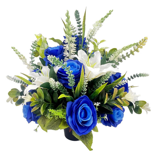 Polly Blue Rose White Lily Artificial Flower Graveside Cemetery Memorial Arrangement