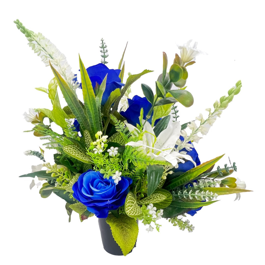 Polly Blue Rose White Lily Artificial Flower Graveside Cemetery Memorial Arrangement