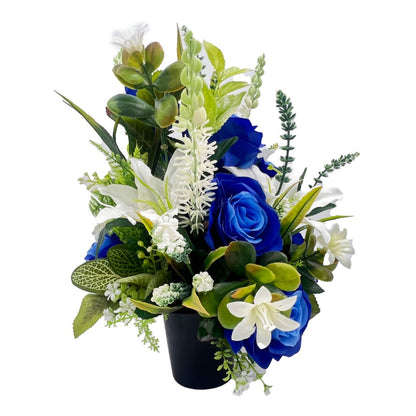 Polly Blue Rose White Lily Artificial Flower Graveside Cemetery Memorial Arrangement