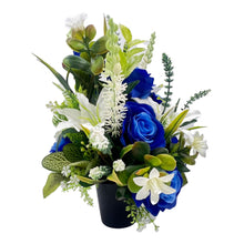 Load image into Gallery viewer, Polly Blue Rose White Lily Artificial Flower Graveside Cemetery Memorial Arrangement