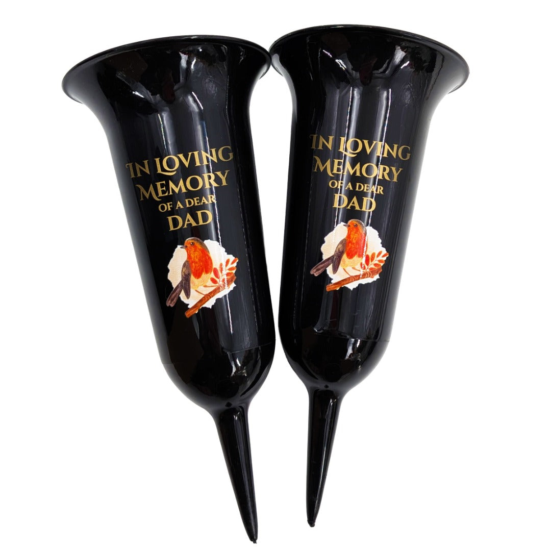 Set of 2 Robin Memorial Grave Flower Vases Spike In Loving Memory Dad