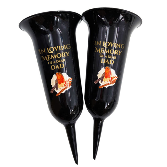 Set of 2 Robin Memorial Grave Flower Vases Spike In Loving Memory Dad