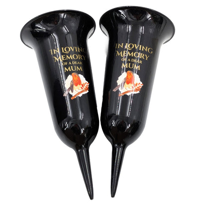 Set of 2 In Loving Memory Mum Robin Memorial Grave Flower Vases Spike