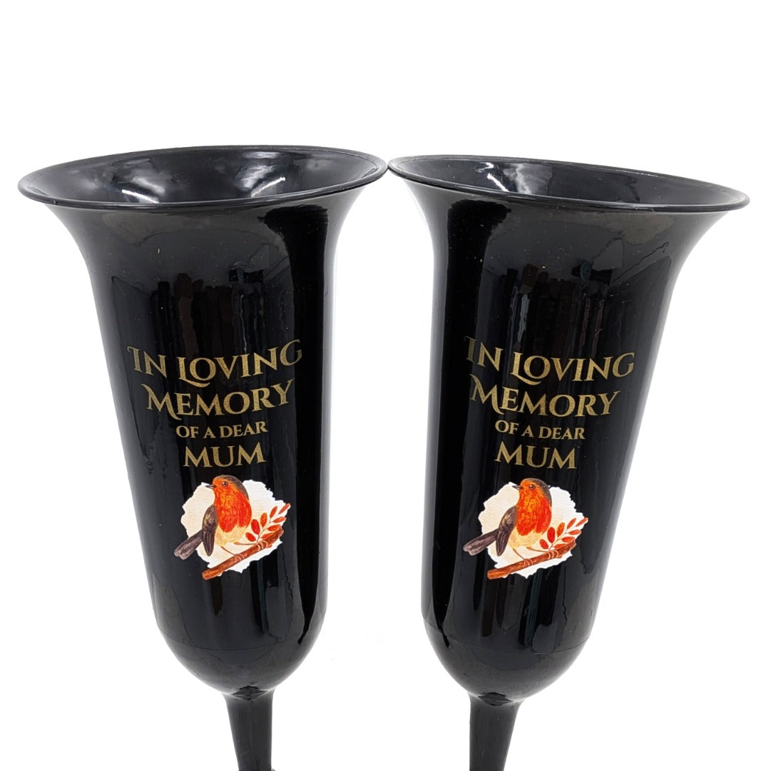 Set of 2 In Loving Memory Mum Robin Memorial Grave Flower Vases Spike