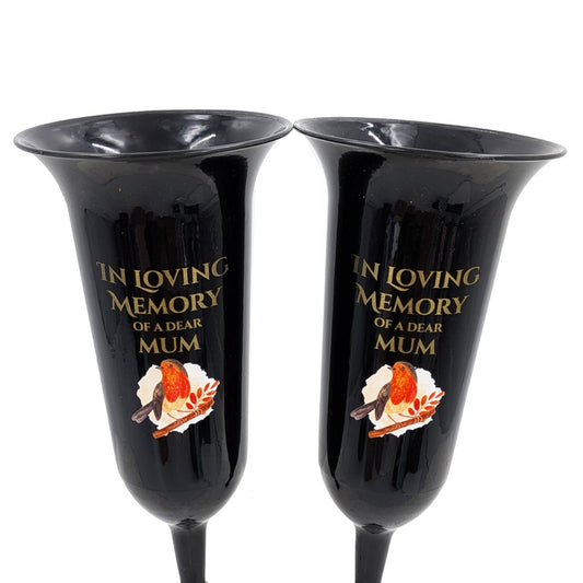 Set of 2 In Loving Memory Mum Robin Memorial Grave Flower Vases Spike