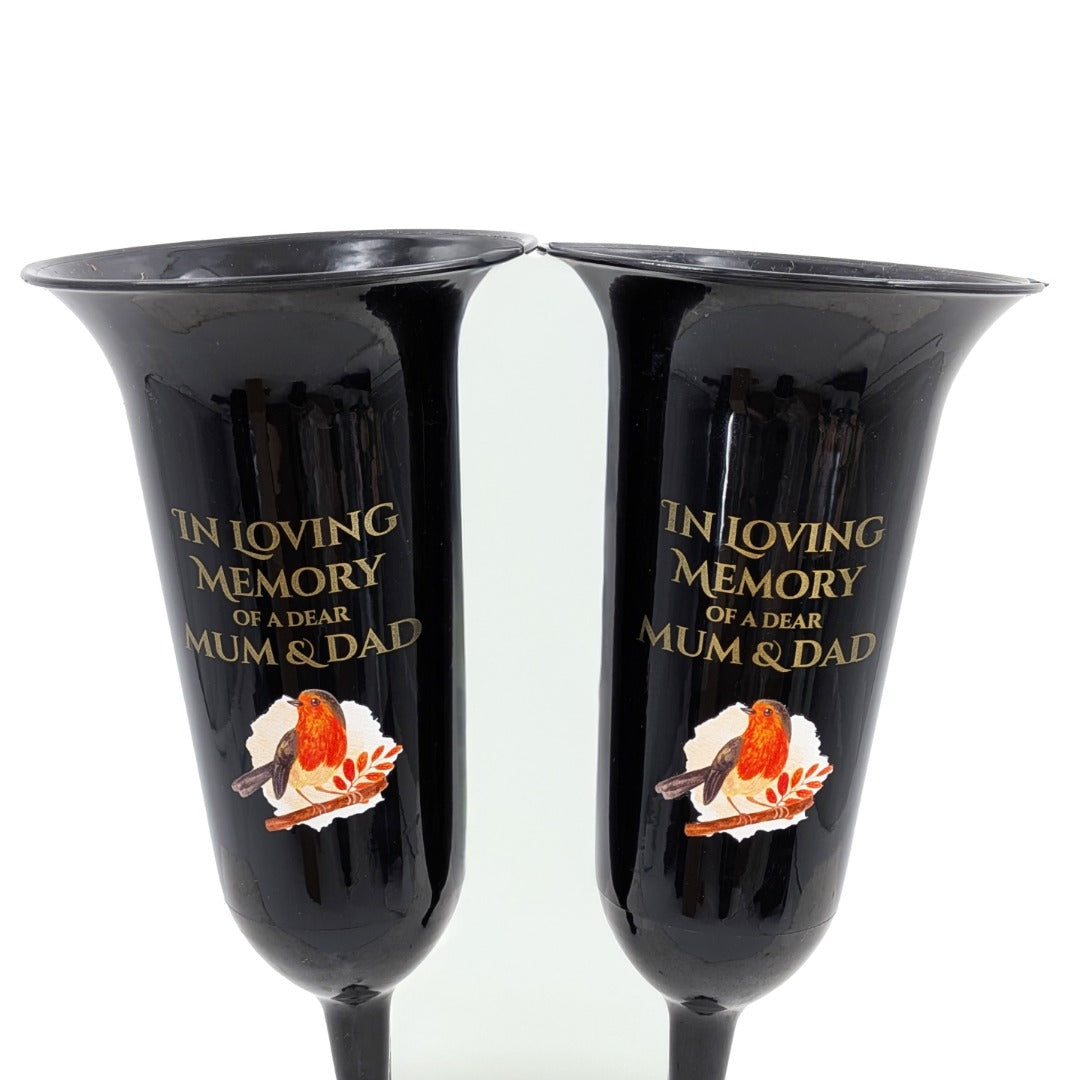 Set of 2 In Loving Memory Mum and Dad Robin Memorial Grave Flower Vases Spike