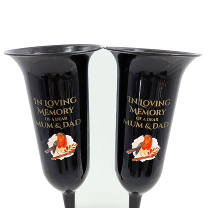 Set of 2 In Loving Memory Mum and Dad Robin Memorial Grave Flower Vases Spike