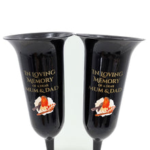 Load image into Gallery viewer, Set of 2 In Loving Memory Mum and Dad Robin Memorial Grave Flower Vases Spike