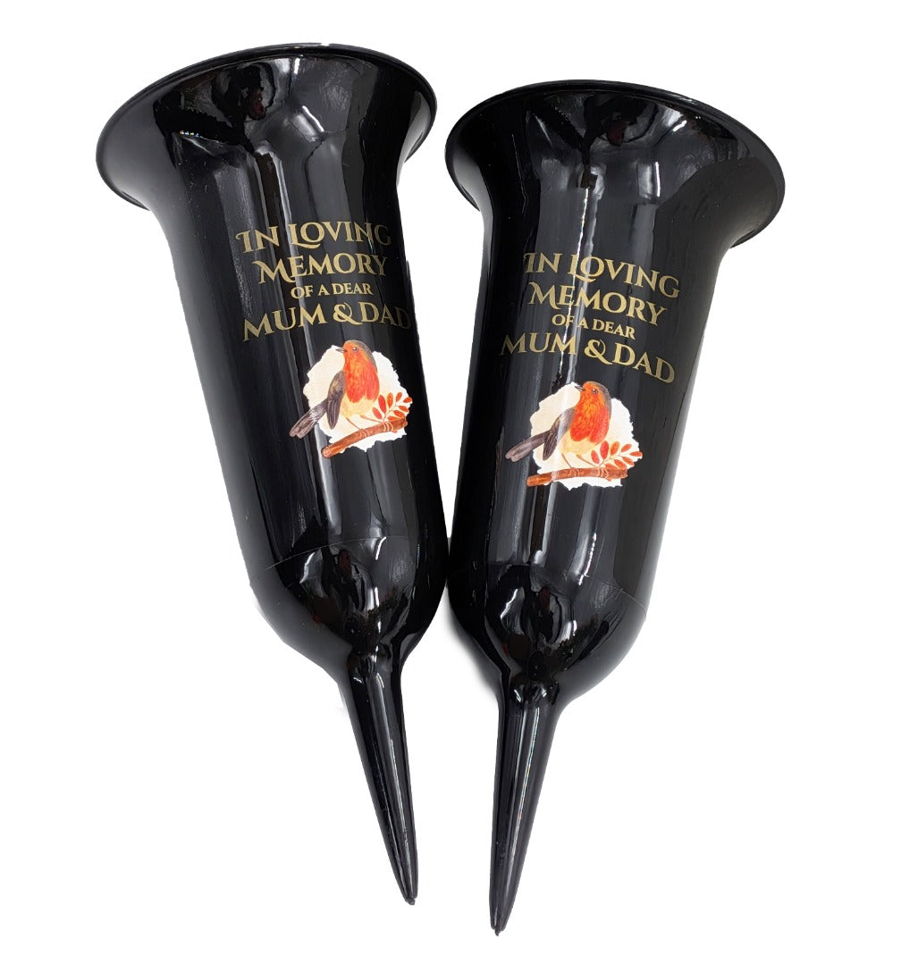 Set of 2 In Loving Memory Mum and Dad Robin Memorial Grave Flower Vases Spike