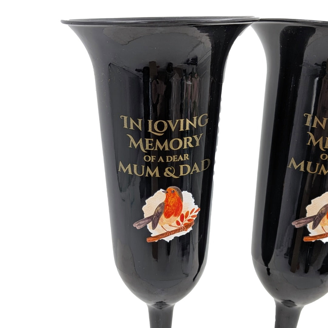 Set of 2 In Loving Memory Mum and Dad Robin Memorial Grave Flower Vases Spike