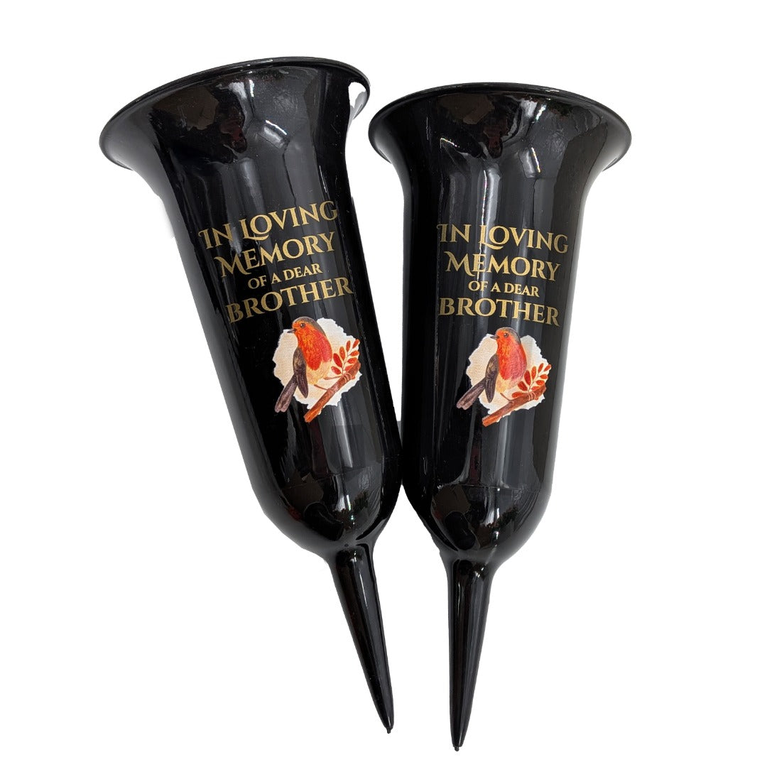 Set of 2 In Loving Memory Brother Robin Memorial Grave Flower Vases Spike