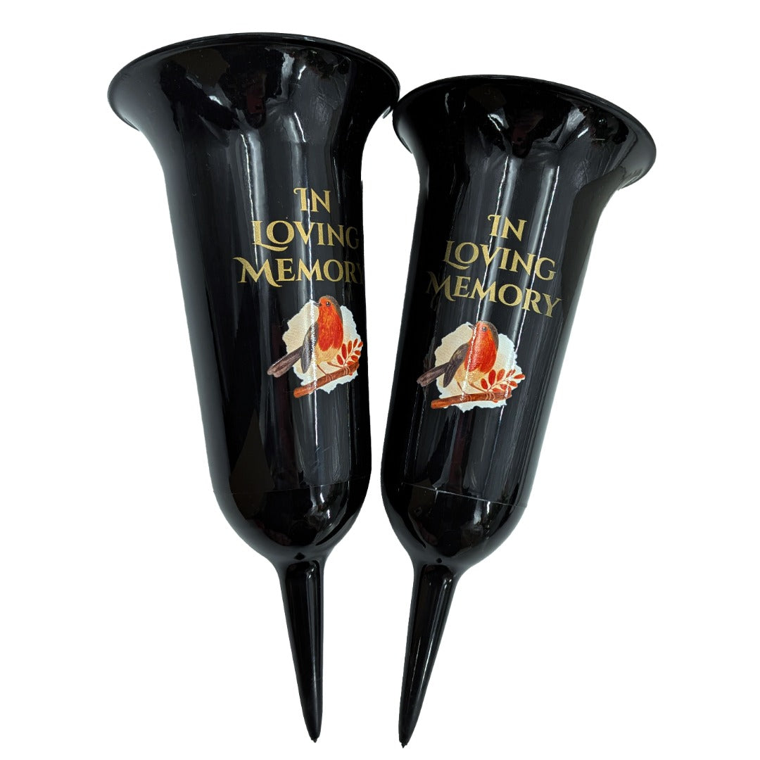 Set of 2 In Loving Memory Grave Vases ? Robin Memorial Cemetery Flower Holders with Spike ? Weatherproof Graveside Tribute