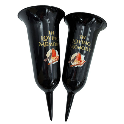 Set of 2 In Loving Memory Grave Vases ? Robin Memorial Cemetery Flower Holders with Spike ? Weatherproof Graveside Tribute