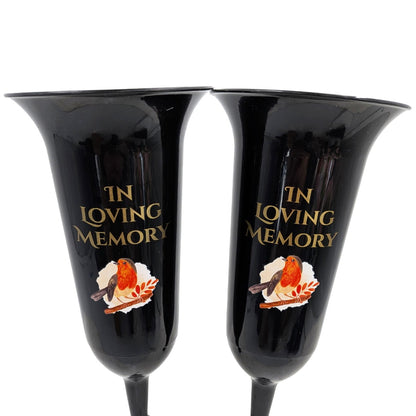 Set of 2 In Loving Memory Grave Vases ? Robin Memorial Cemetery Flower Holders with Spike ? Weatherproof Graveside Tribute