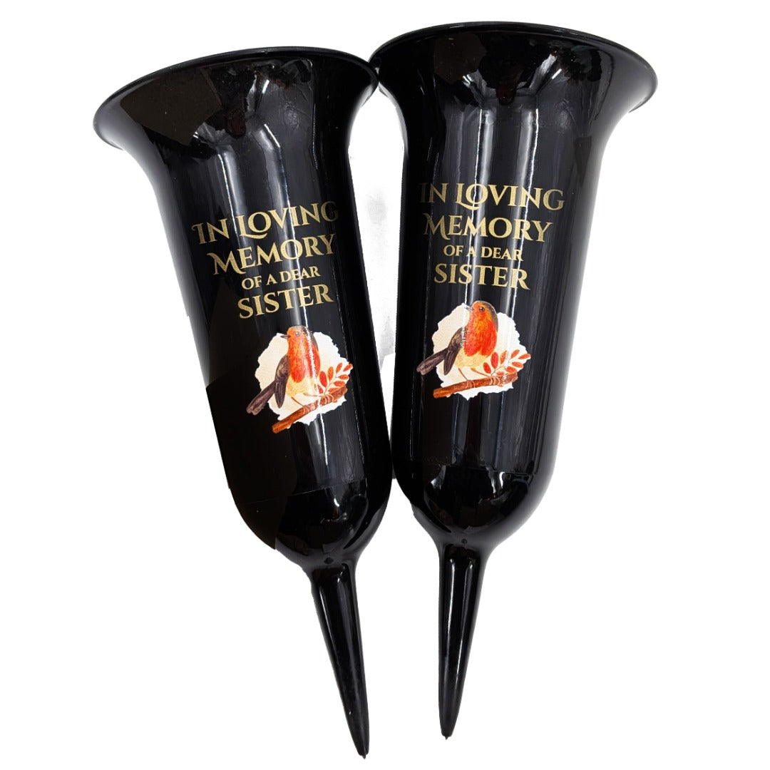 Set of 2 In Loving Memory Sister Grave Vases ? Robin Memorial Cemetery Flower Holders with Spike ? Weatherproof Graveside Tribute