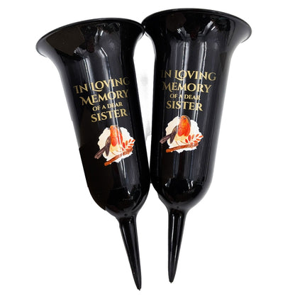 Set of 2 In Loving Memory Sister Grave Vases ? Robin Memorial Cemetery Flower Holders with Spike ? Weatherproof Graveside Tribute