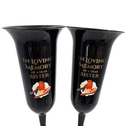Set of 2 In Loving Memory Sister Grave Vases ? Robin Memorial Cemetery Flower Holders with Spike ? Weatherproof Graveside Tribute