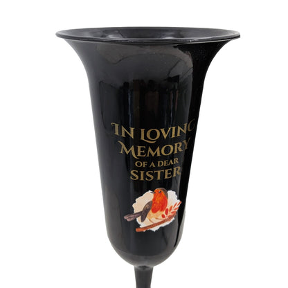 Set of 2 In Loving Memory Sister Grave Vases ? Robin Memorial Cemetery Flower Holders with Spike ? Weatherproof Graveside Tribute