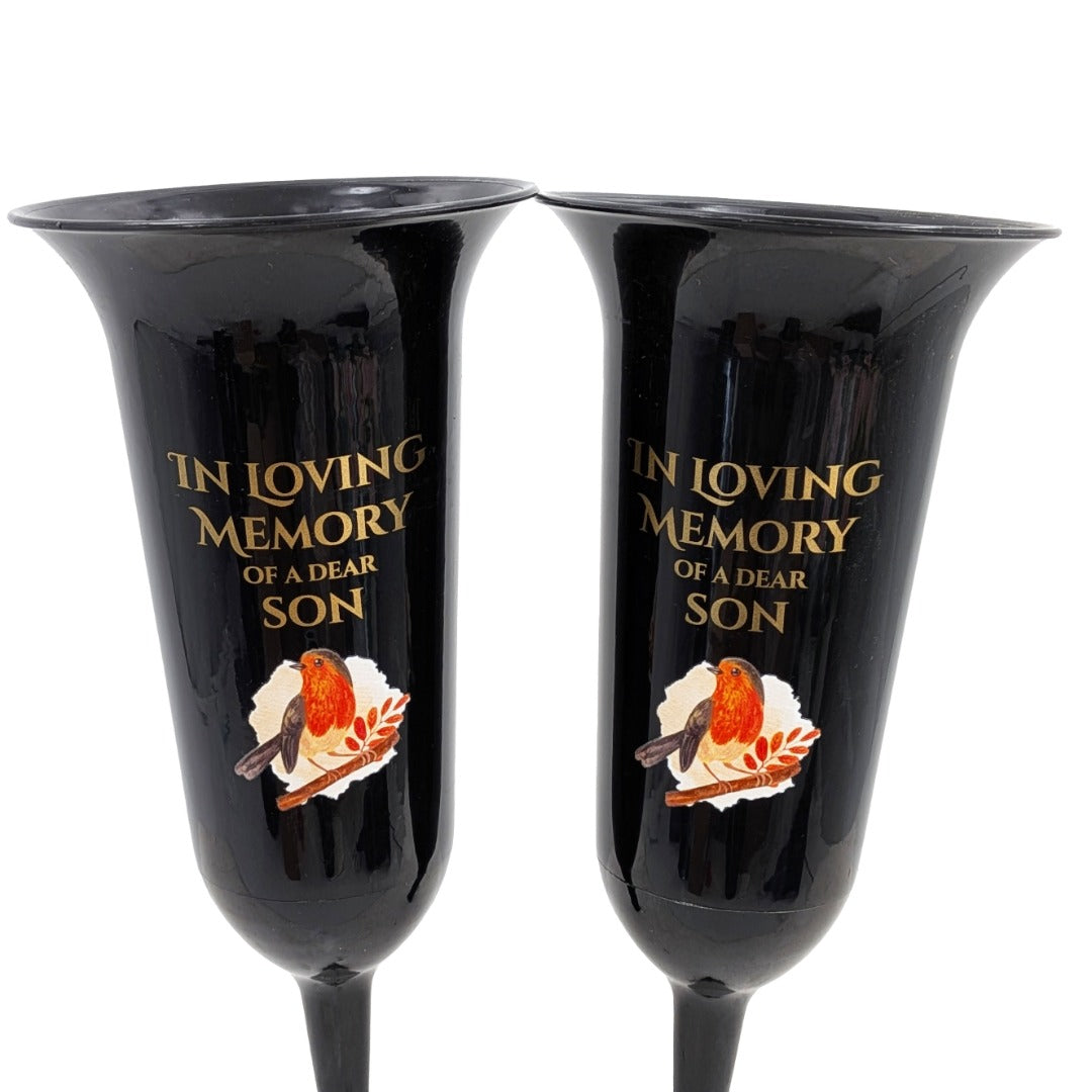Set of 2 In Loving Memory Son Grave Vases ? Robin Memorial Cemetery Flower Holders with Spike ? Weatherproof Graveside Tribute