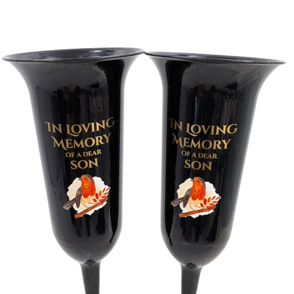Set of 2 In Loving Memory Son Grave Vases ? Robin Memorial Cemetery Flower Holders with Spike ? Weatherproof Graveside Tribute