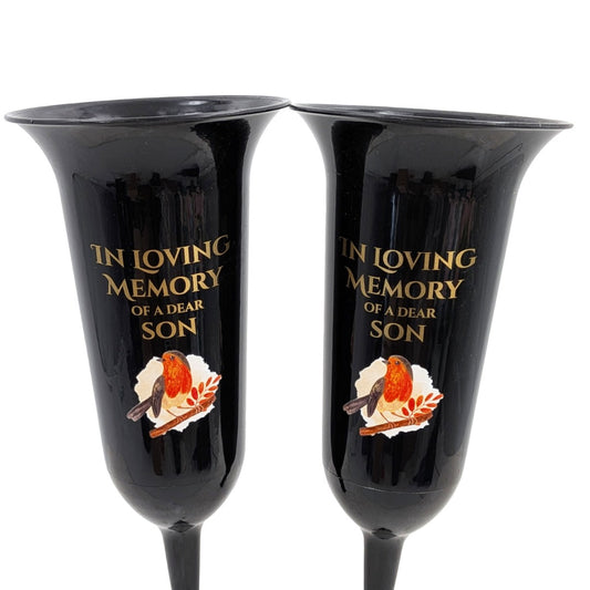 Set of 2 In Loving Memory Son Grave Vases ? Robin Memorial Cemetery Flower Holders with Spike ? Weatherproof Graveside Tribute