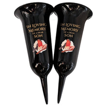 Load image into Gallery viewer, Set of 2 In Loving Memory Son Grave Vases ? Robin Memorial Cemetery Flower Holders with Spike ? Weatherproof Graveside Tribute