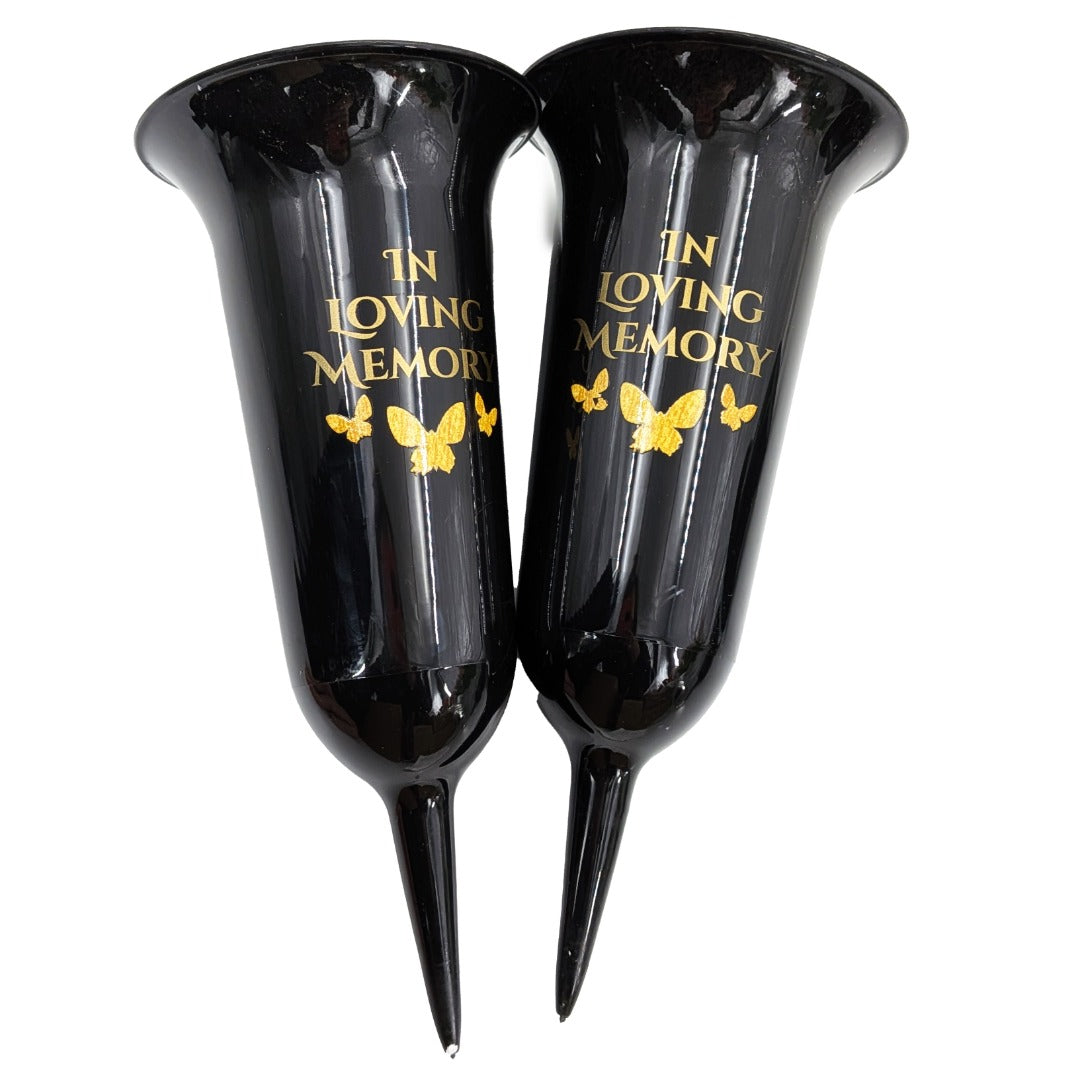 Set of 2 In Loving Memory Grave Vases Butterfly Memorial Cemetery Flower Holders with Spike Weatherproof Graveside Tribute