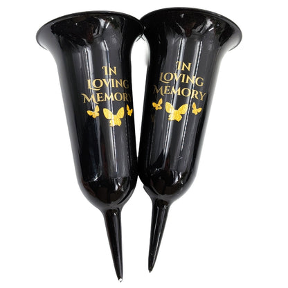 Set of 2 In Loving Memory Grave Vases Butterfly Memorial Cemetery Flower Holders with Spike Weatherproof Graveside Tribute