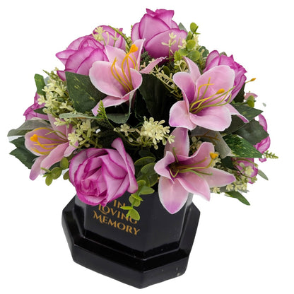 In Loving Memory Memorial Flower Pot With Artificial Pink Flower Arrangement Graveside Tribute