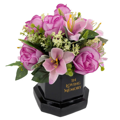 In Loving Memory Memorial Flower Pot With Artificial Pink Flower Arrangement Graveside Tribute