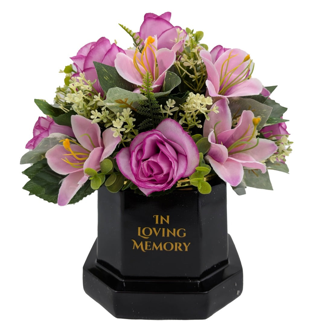 In Loving Memory Memorial Flower Pot With Artificial Pink Flower Arrangement Graveside Tribute