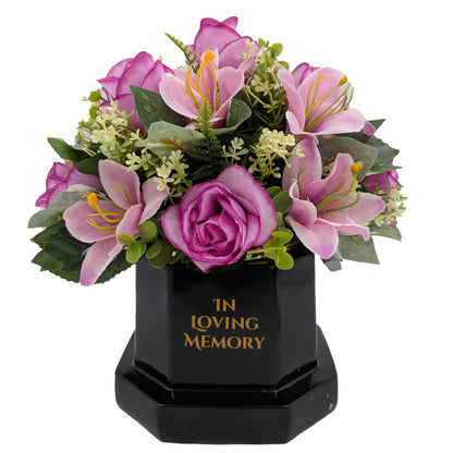 In Loving Memory Memorial Flower Pot With Artificial Pink Flower Arrangement Graveside Tribute