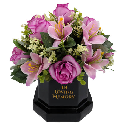 In Loving Memory Memorial Flower Pot With Artificial Pink Flower Arrangement Graveside Tribute