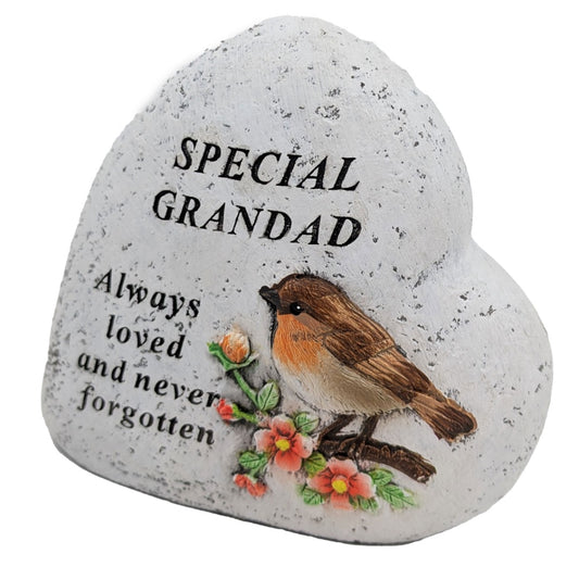 Special Grandad Memorial Heart ? Robin & Floral Graveside Ornament | Stone?Effect Tribute Plaque