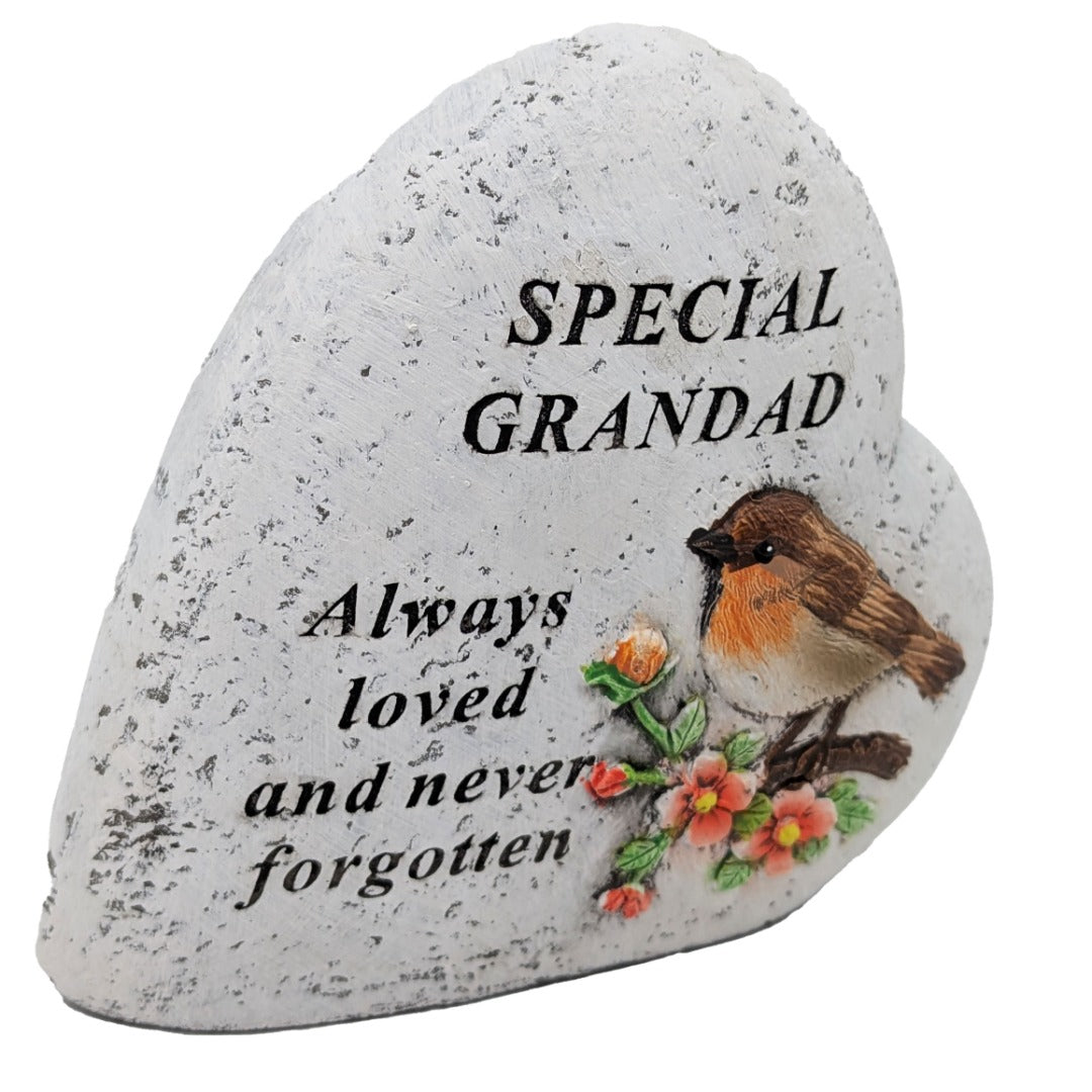 Special Grandad Memorial Heart ? Robin & Floral Graveside Ornament | Stone?Effect Tribute Plaque