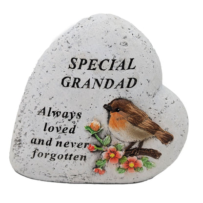 Special Grandad Memorial Heart ? Robin & Floral Graveside Ornament | Stone?Effect Tribute Plaque