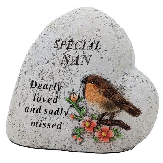 Special Nan Memorial Heart ? Robin & Floral Stone?Effect Graveside Ornament | Tribute Plaque