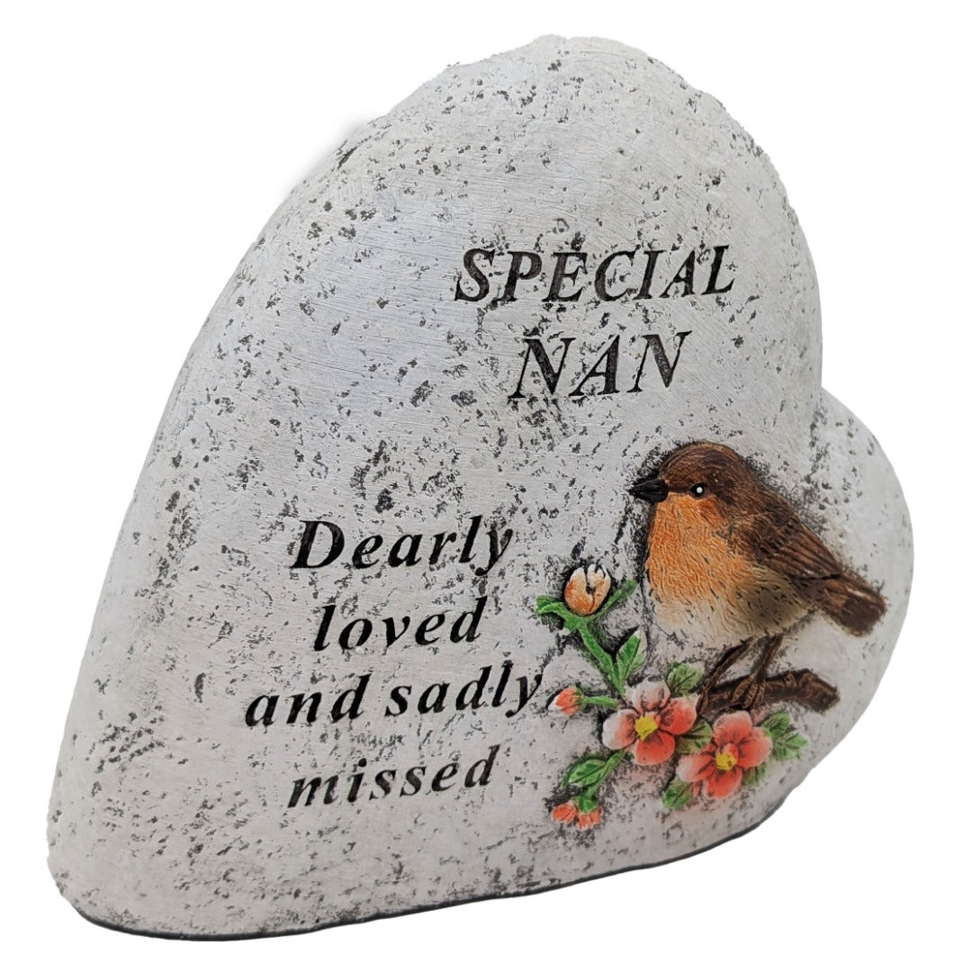 Special Nan Memorial Heart ? Robin & Floral Stone?Effect Graveside Ornament | Tribute Plaque