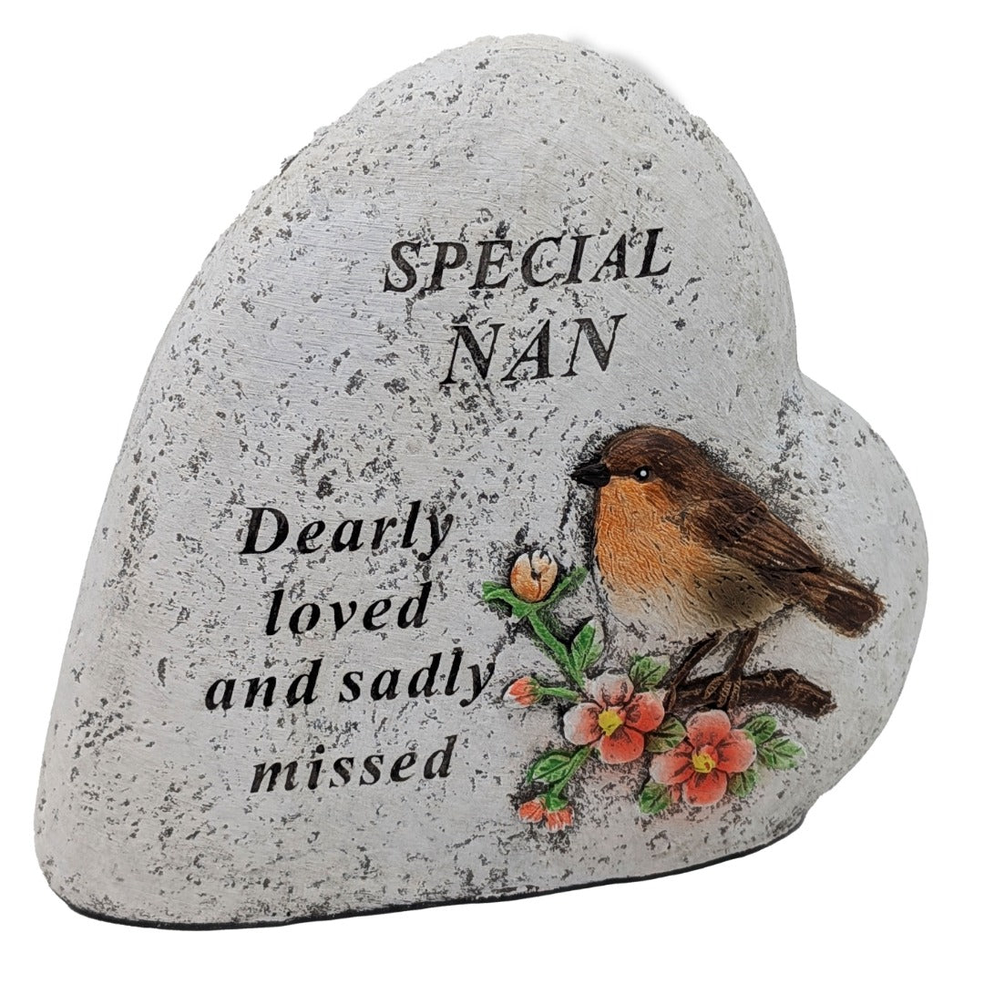 Special Nan Memorial Heart ? Robin & Floral Stone?Effect Graveside Ornament | Tribute Plaque