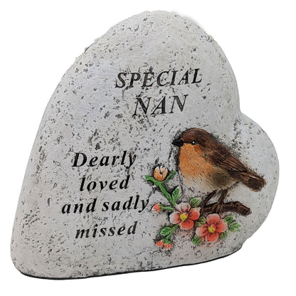 Special Nan Memorial Heart ? Robin & Floral Stone?Effect Graveside Ornament | Tribute Plaque