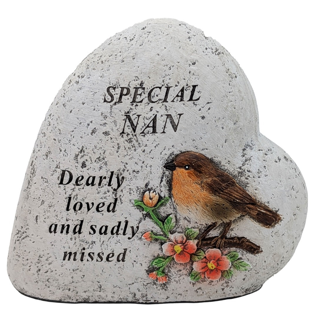 Special Nan Memorial Heart ? Robin & Floral Stone?Effect Graveside Ornament | Tribute Plaque