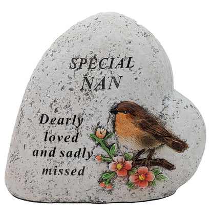 Special Nan Memorial Heart ? Robin & Floral Stone?Effect Graveside Ornament | Tribute Plaque