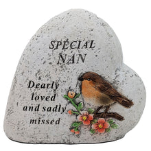 Load image into Gallery viewer, Special Nan Memorial Heart ? Robin &amp; Floral Stone?Effect Graveside Ornament | Tribute Plaque