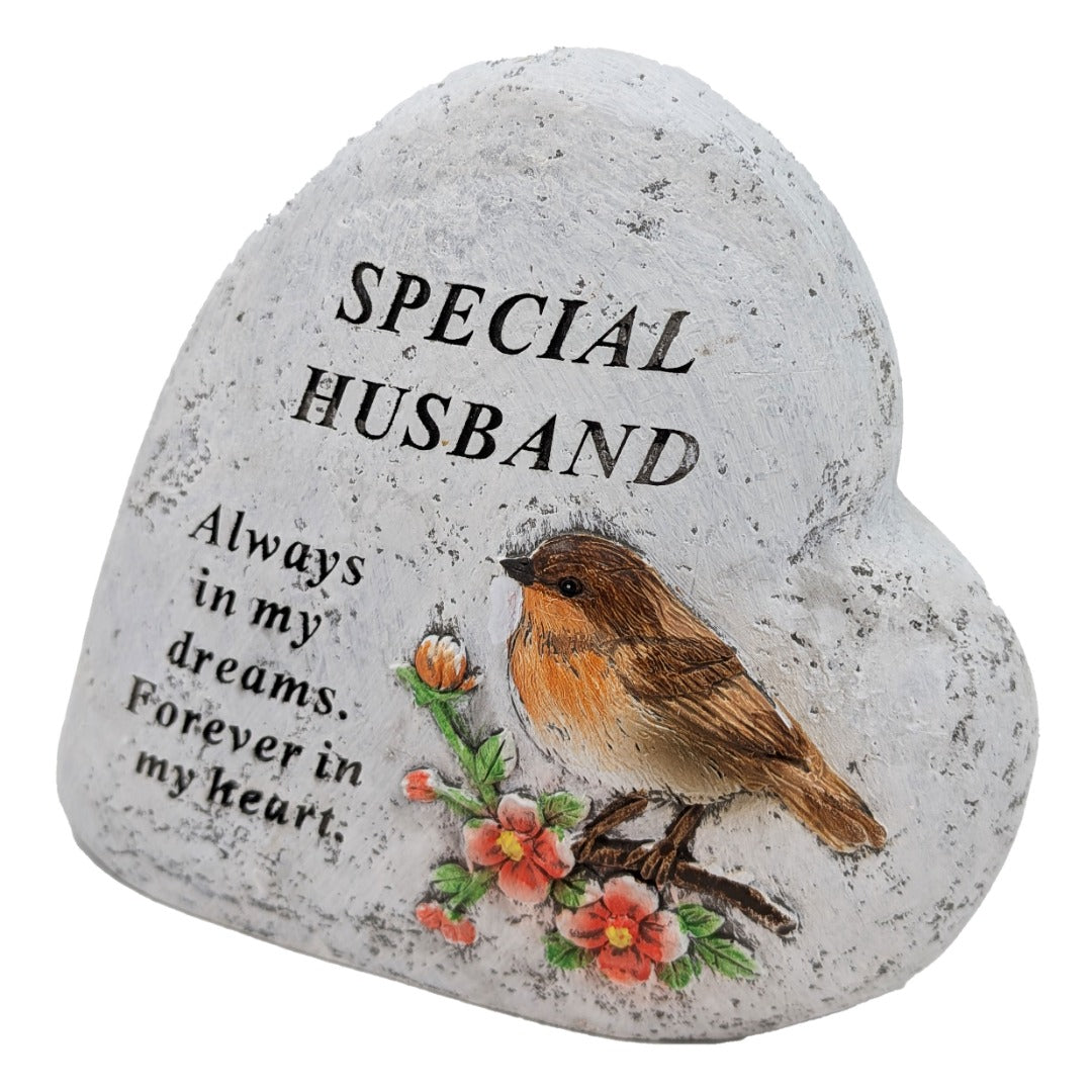 Special Husband Memorial Heart ? Robin & Floral Stone?Effect Graveside Ornament | Tribute Plaque